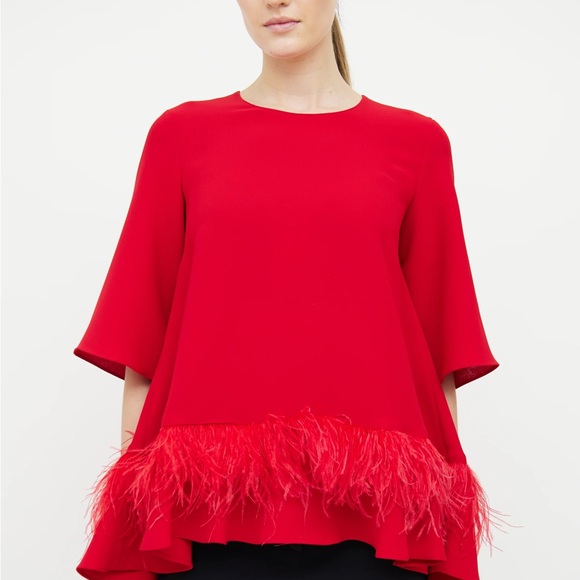 Carolina Herrera Red Blouse with Feathers - Picture 1 of 2